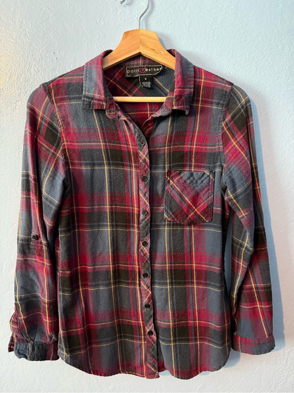 Polly & Esther Burgundy and Buleberry 100% Cotton Button-Up Plaid Shirt